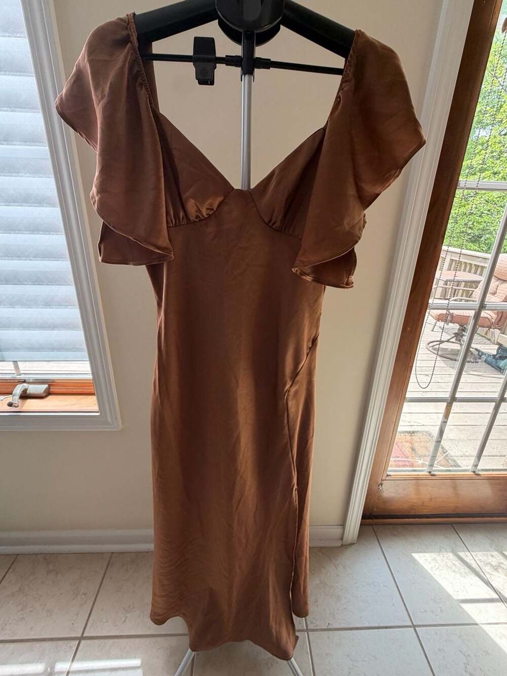 Phicia Fashion Brown Satin Flutter Sleeve Midi Dress Size L
